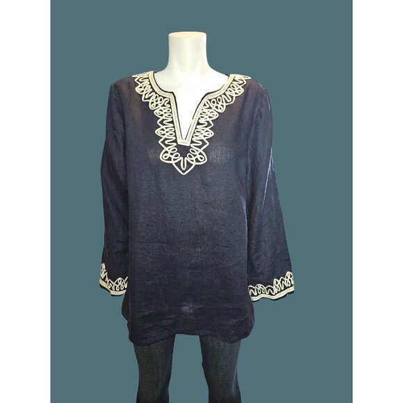Talbots Tops - Talbots 100% Linen V Neck Embroidered Trim Navy Blue Tunic Women L Boho